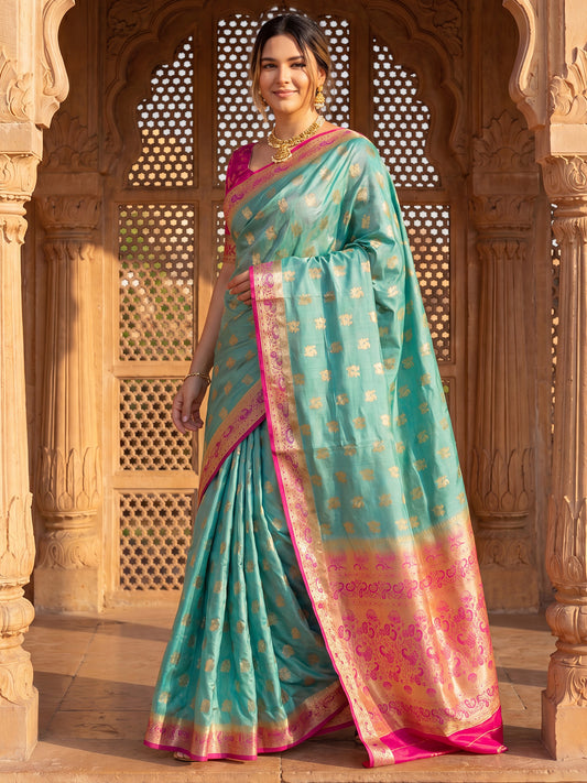 Sea Green & Magenta Pink Banarasi Silk Blend  Saree