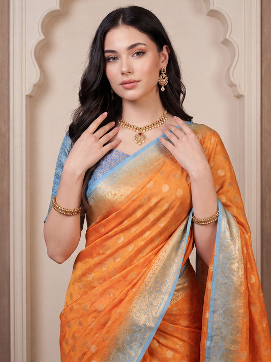 Orange & Sky Blue Banarasi Silk Blend Saree