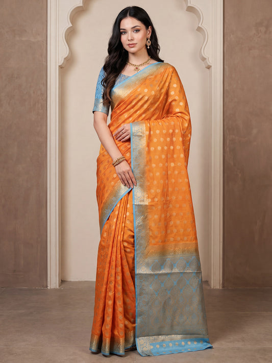 Orange & Sky Blue Banarasi Silk Blend Saree