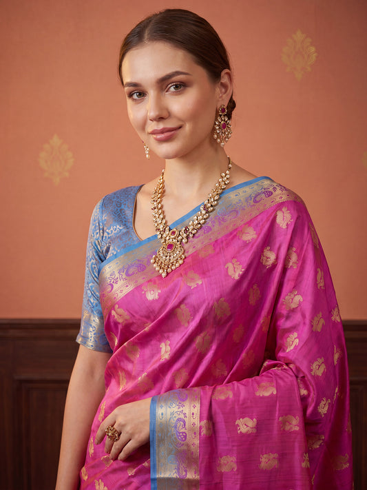 Rani Pink & Sky Blue Banarasi Silk Blend Saree