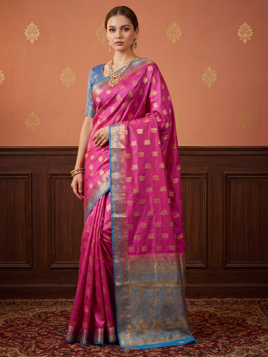 Rani Pink & Sky Blue Banarasi Silk Blend Saree
