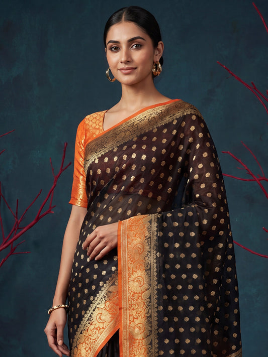 Black & Orange Banarasi Silk Blend Saree