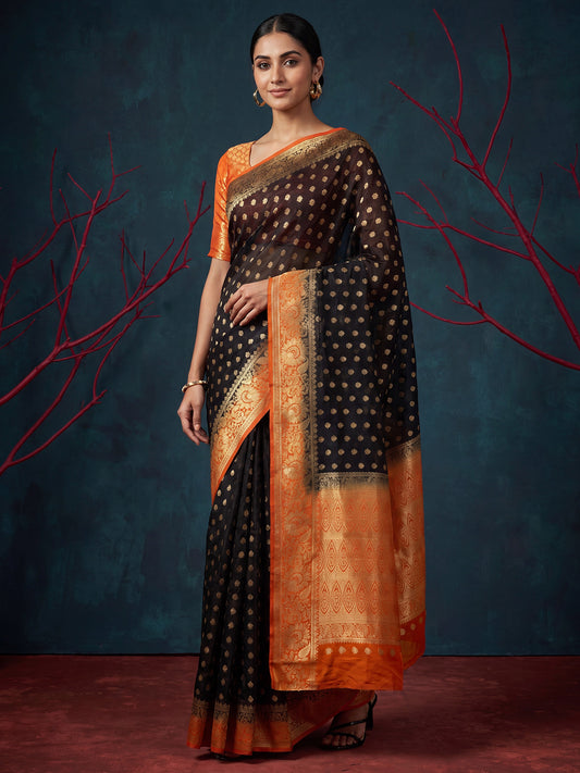 Black & Orange Banarasi Silk Blend Saree