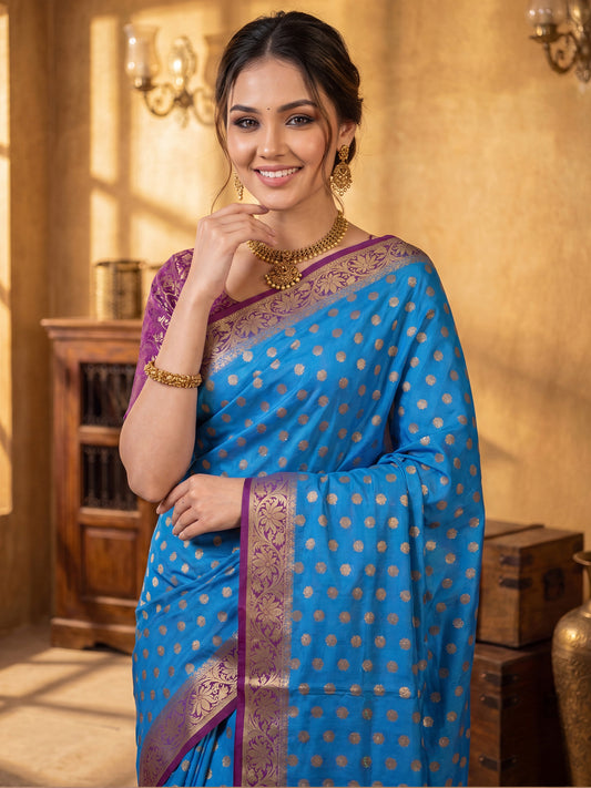 Sky Blue & Purple Banarasi Silk Blend Saree