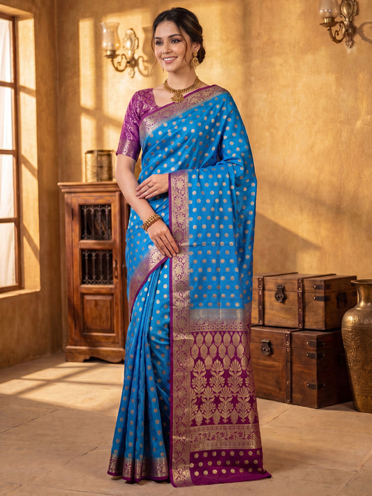 Sky Blue & Purple Banarasi Silk Blend Saree