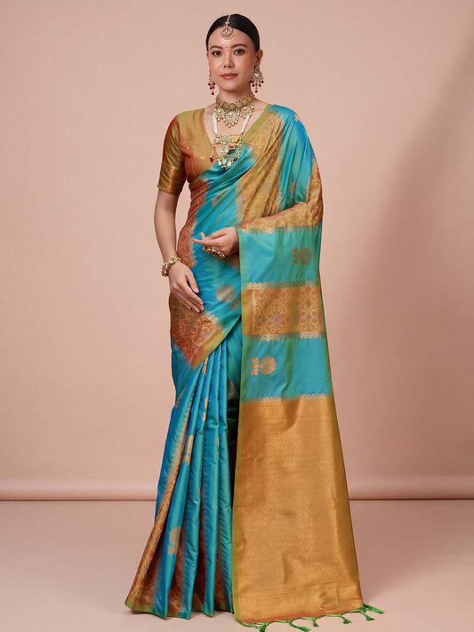 woven desiner saree
teal blue collection saree 
religious ceremony
religious function saree