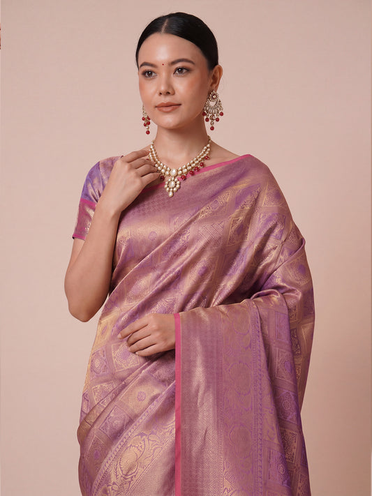 Onion Pink Gold Banarasi Tissue Silk Saree