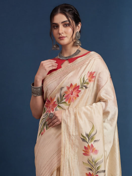 Cream Tussar Silk Saree with Hand-Painted Floral Vines