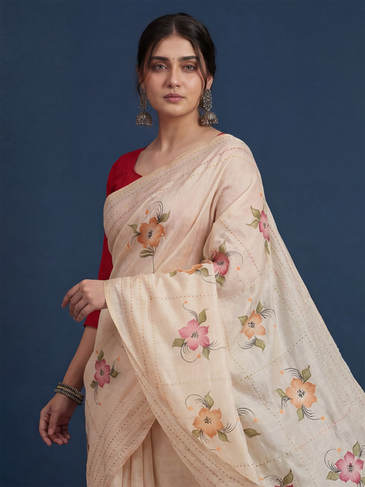 Cream Tussar Silk Saree with Hand-Painted Floral Bouquets