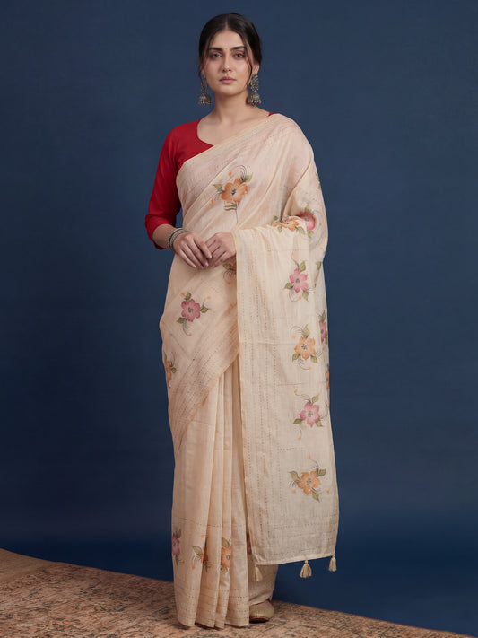 Cream Tussar Silk Saree with Hand-Painted Floral Bouquets