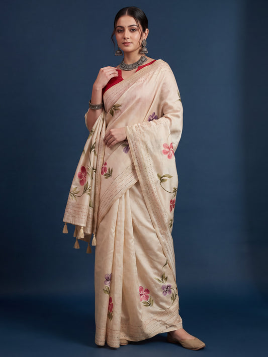 Cream Tussar Silk Saree with Scattered Hand-Painted Wildflowers