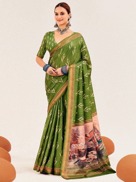 Olive Green Ikat Silk Saree with Varanasi Ghat Pallu