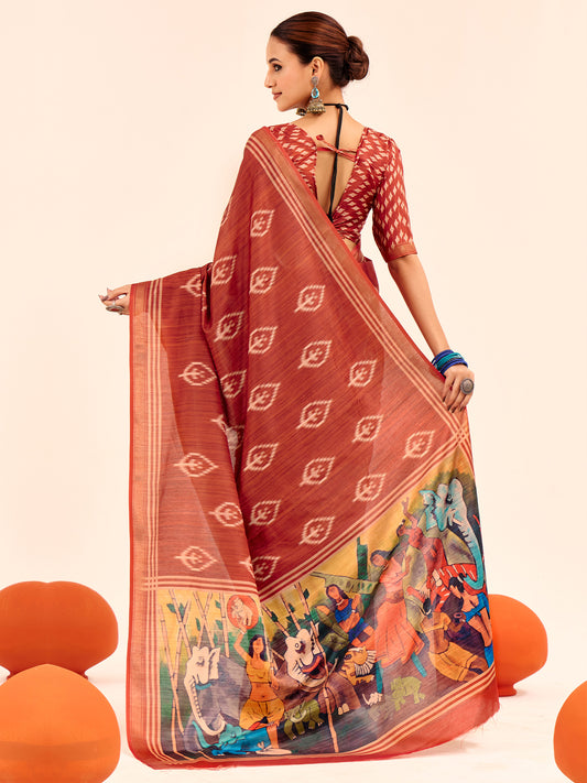 Rust Red Ikat Silk Saree with Pattachitra Pallu