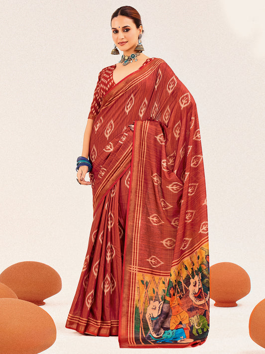 Rust Red Ikat Silk Saree with Pattachitra Pallu