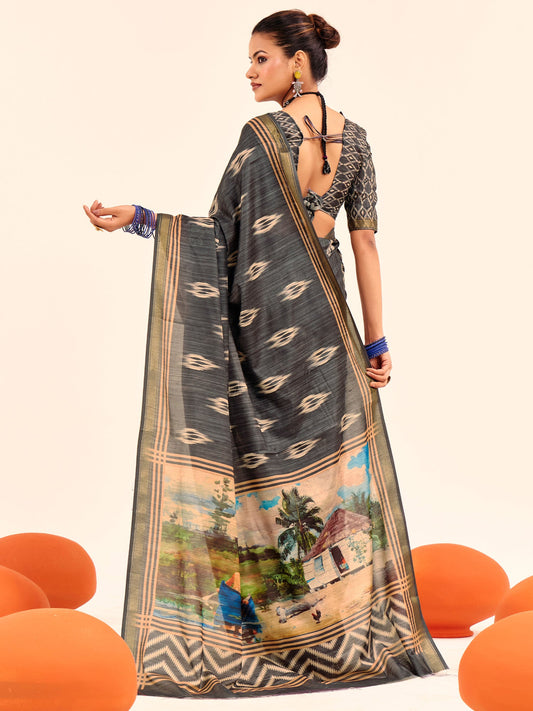 Grey Ikat Silk Saree with Scenic Digital Print Pallu