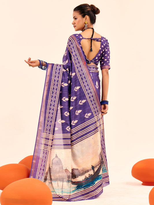 Purple Ikat Silk Saree with Taj Mahal Pallu