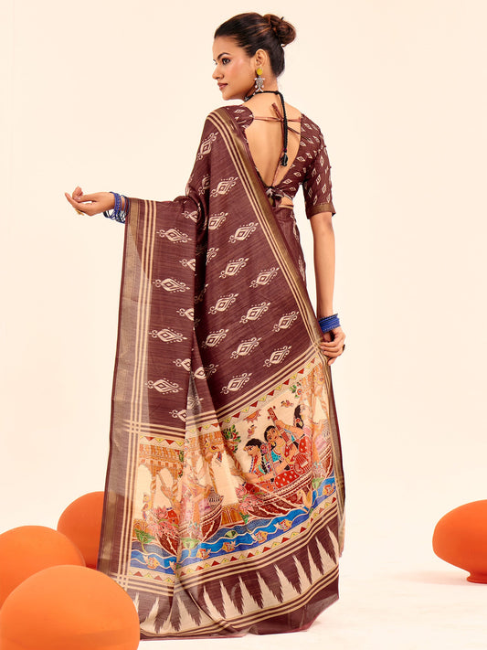 Brown Ikat Silk Saree with Pattachitra Pallu