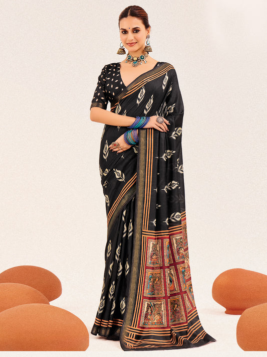 Black Ikat Silk Saree with Kalamkari Pallu