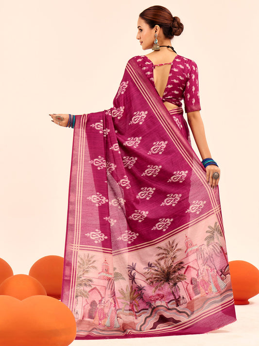 Magenta Ikat Print Silk Saree with Pichwai Pallu