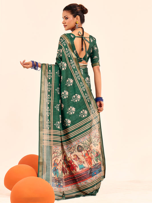 Green Ikat Silk Saree with Patachitra Pallu