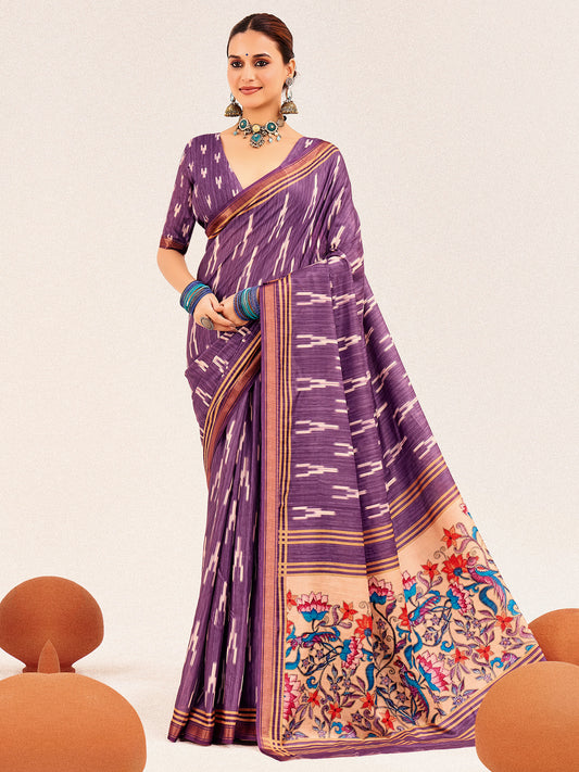 Purple Ikat Silk Saree with Kalamkari Pallu