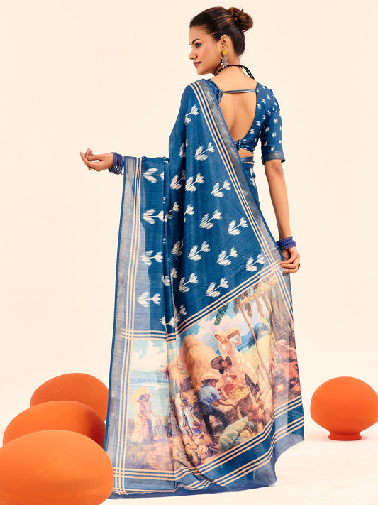 Teal Ikat Silk Saree with Pichwai Digital Print Pallu
