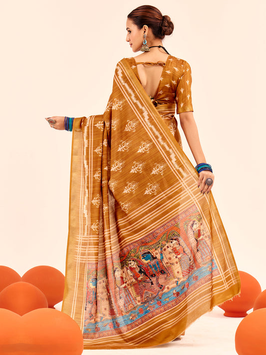 Mustard Ikat Silk Saree with Madhubani Pallu