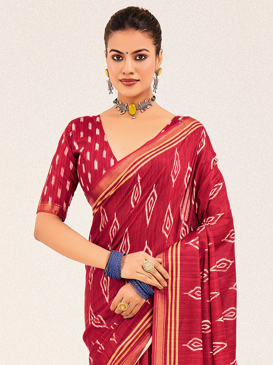 Crimson Ikat Silk Saree with Varanasi Digital Print Pallu