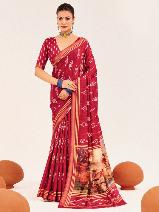Crimson Ikat Silk Saree with Varanasi Digital Print Pallu