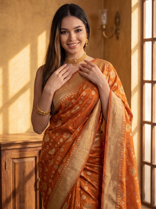 Rust Orange & Gold Banarasi Silk Blend Saree