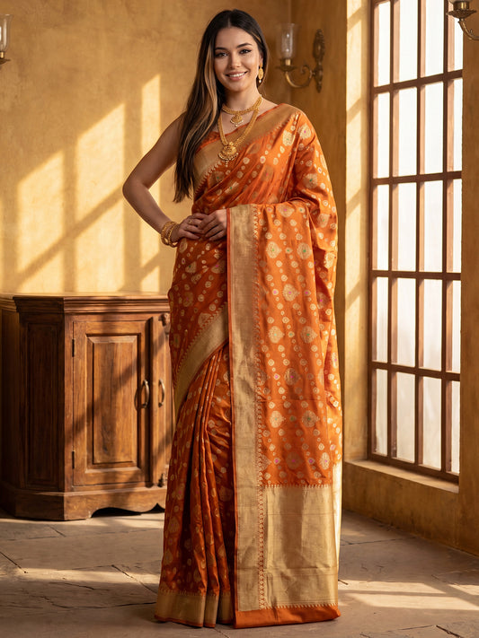 Rust Orange & Gold Banarasi Silk Blend Saree