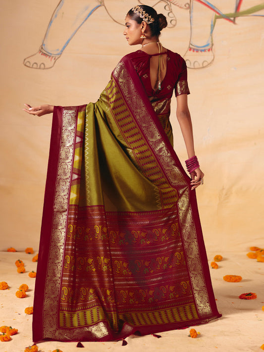 Olive Green & Maroon Banarasi Silk Saree with Zari Border