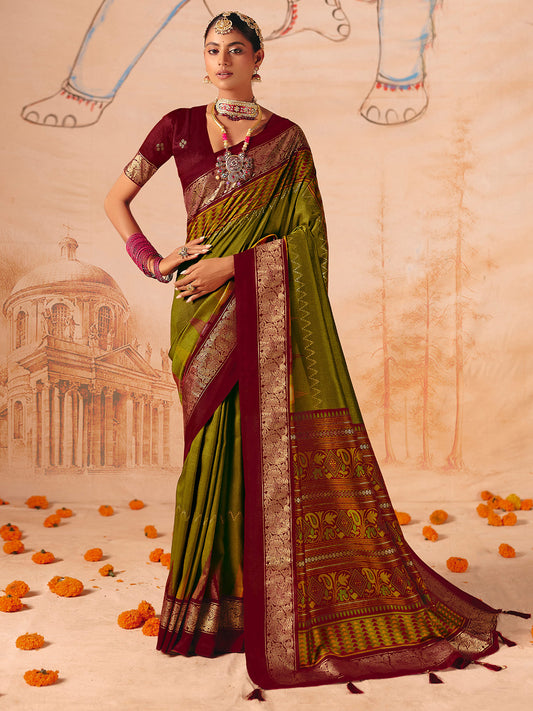 Olive Green & Maroon Banarasi Silk Saree with Zari Border