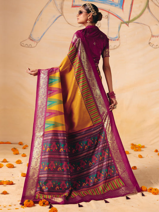 Mustard Yellow & Purple Patola Silk Saree with Zari Border
