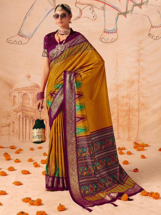 Mustard Yellow & Purple Patola Silk Saree with Zari Border