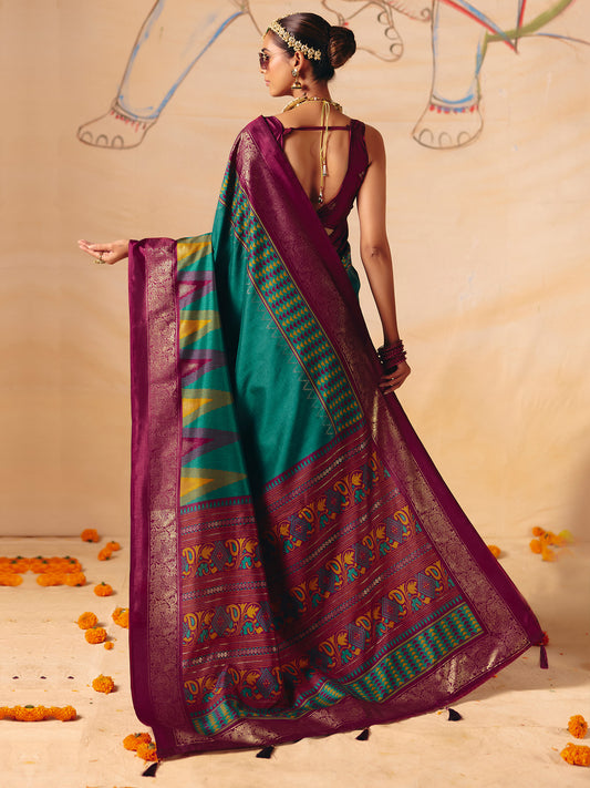 Teal & Wine Patola Silk Saree with Zari Border