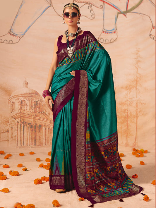 Teal & Wine Patola Silk Saree with Zari Border