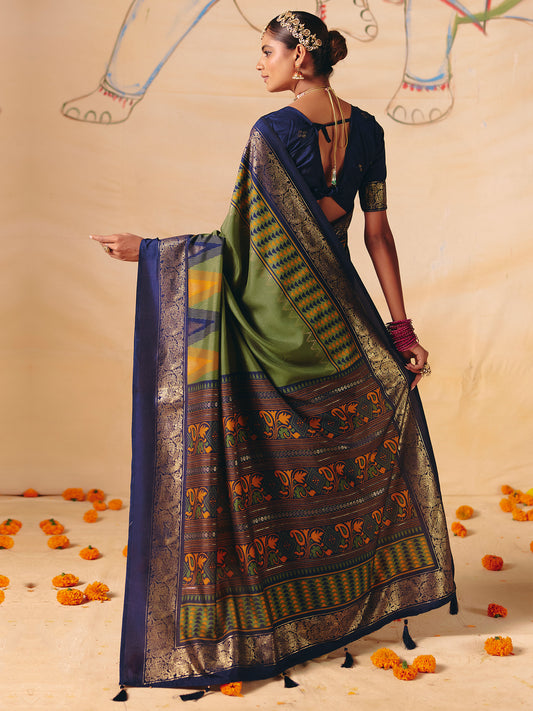 Mehndi Green & Navy Blue Silk Saree with Zari Border
