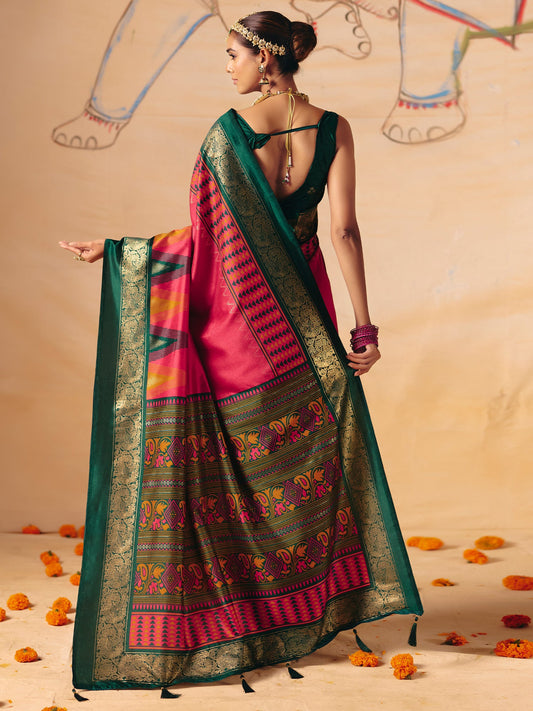 Rani Pink Patola Silk Saree with Teal Zari Border