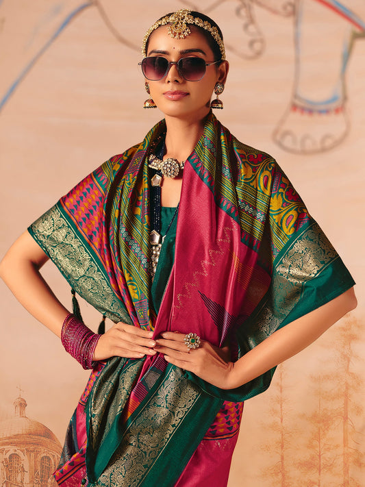 Rani Pink Patola Silk Saree with Teal Zari Border