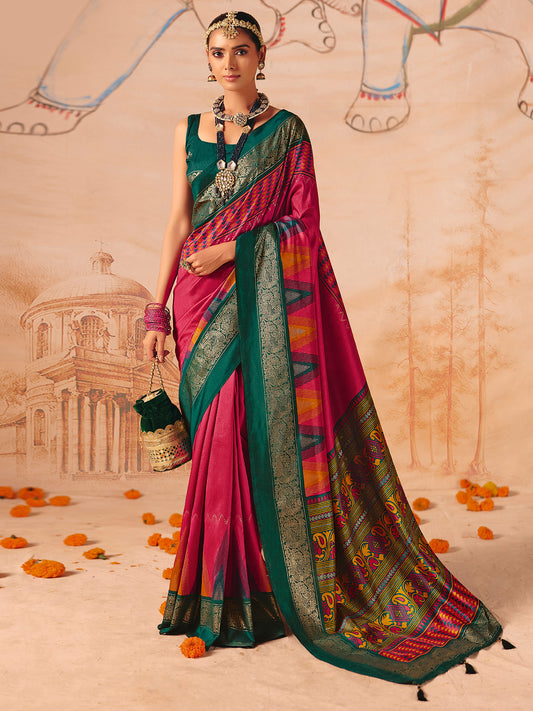 Rani Pink Patola Silk Saree with Teal Zari Border