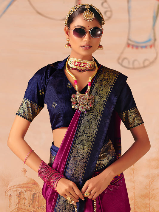 Magenta Tussar Silk Saree with Navy Zari Border