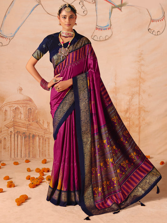 Magenta Patola Silk Saree with Navy Zari Border & Blouse
