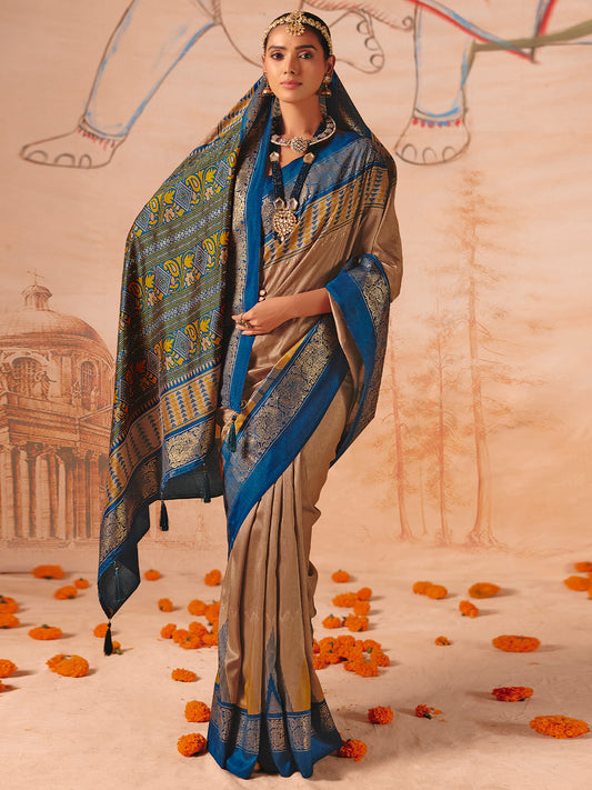 Kanjivaram Silk Saree in Bronze & Royal Blue with Patola Pallu
