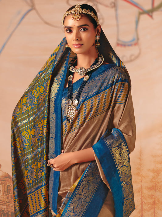 Tussar Silk Saree in Bronze & Royal Blue
