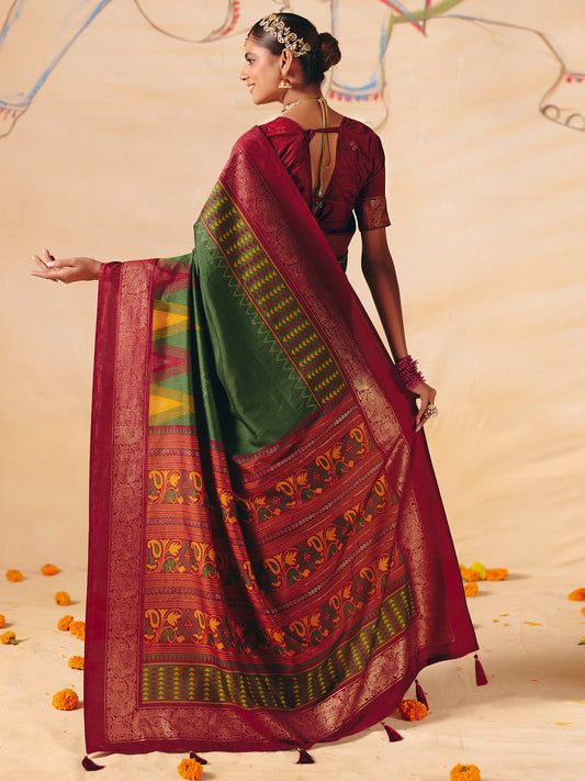 Green & Maroon Patola Silk Saree with Zari Border