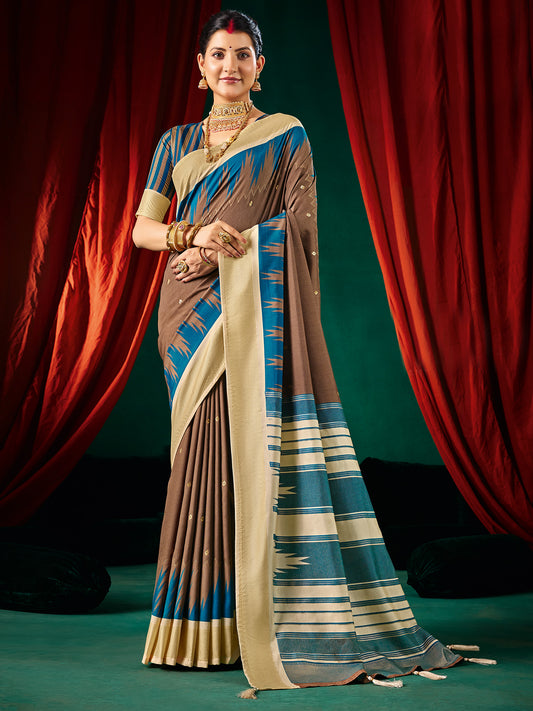 Ikkat Silk Saree in Brown & Teal with Cream Pallu
