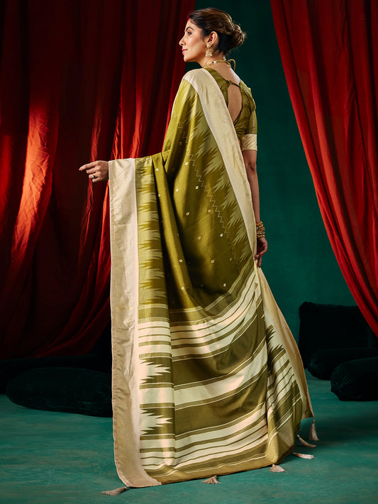 Mehndi Green Ikkat Silk Saree with Cream Zari Border