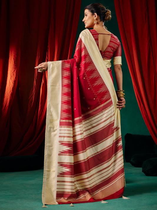 Crimson Splendour Silk Saree with Ikat Weave & Golden Border