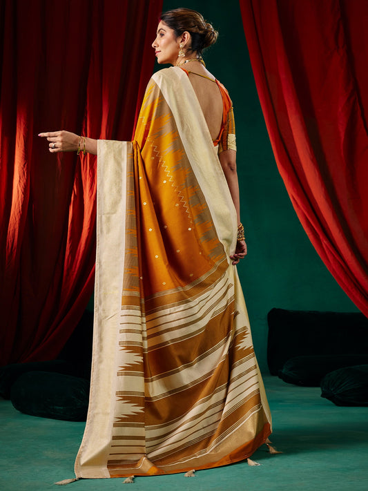 Mustard Silk Saree with Ikat Weave & Ivory Pallu